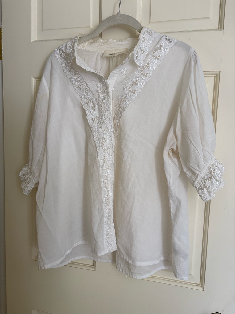 THE GREAT. White Lace Trim Cotton Blouse
